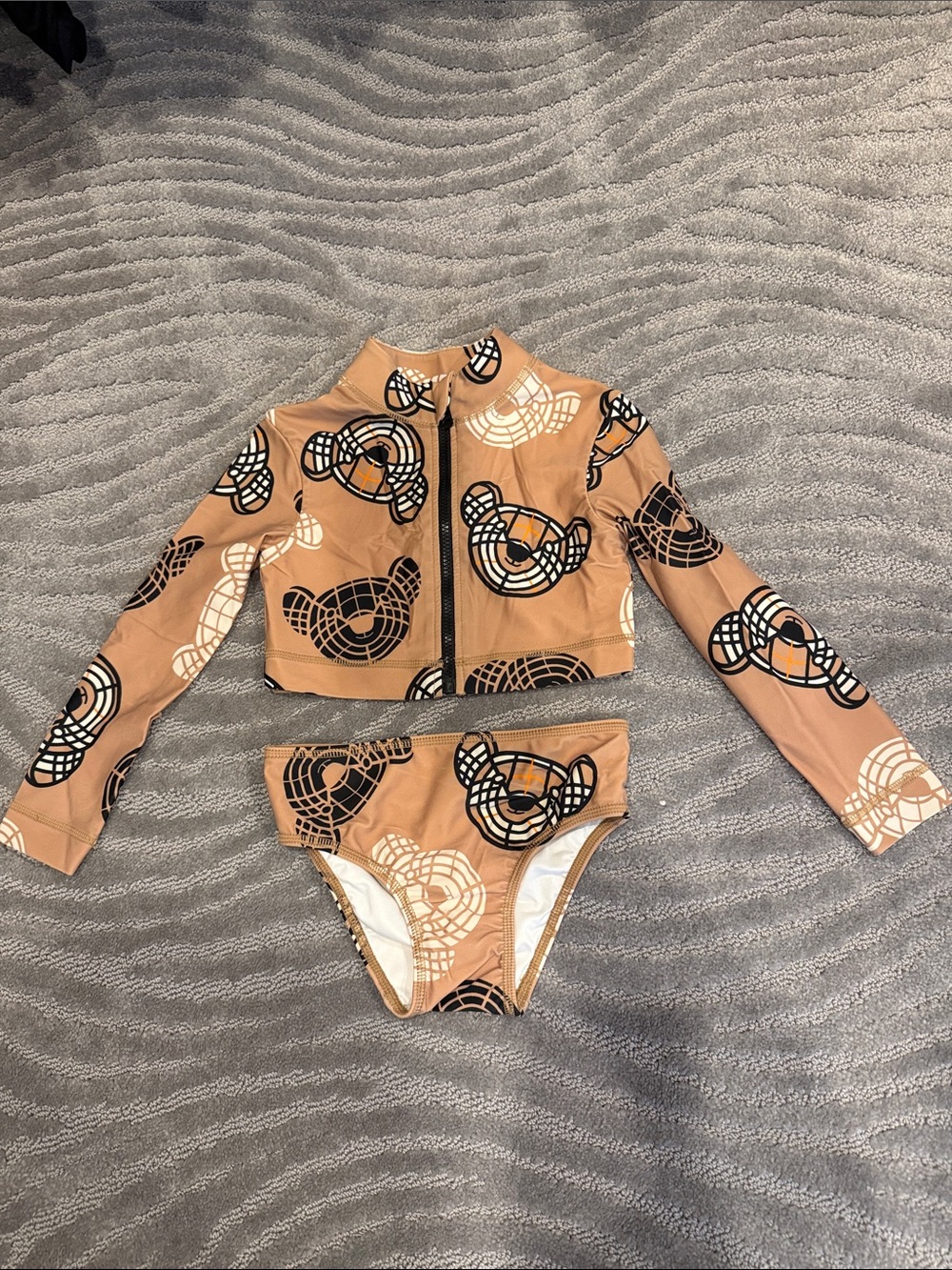 Burberry Tan and Black Graphic Kids Rashguard Bikini Set